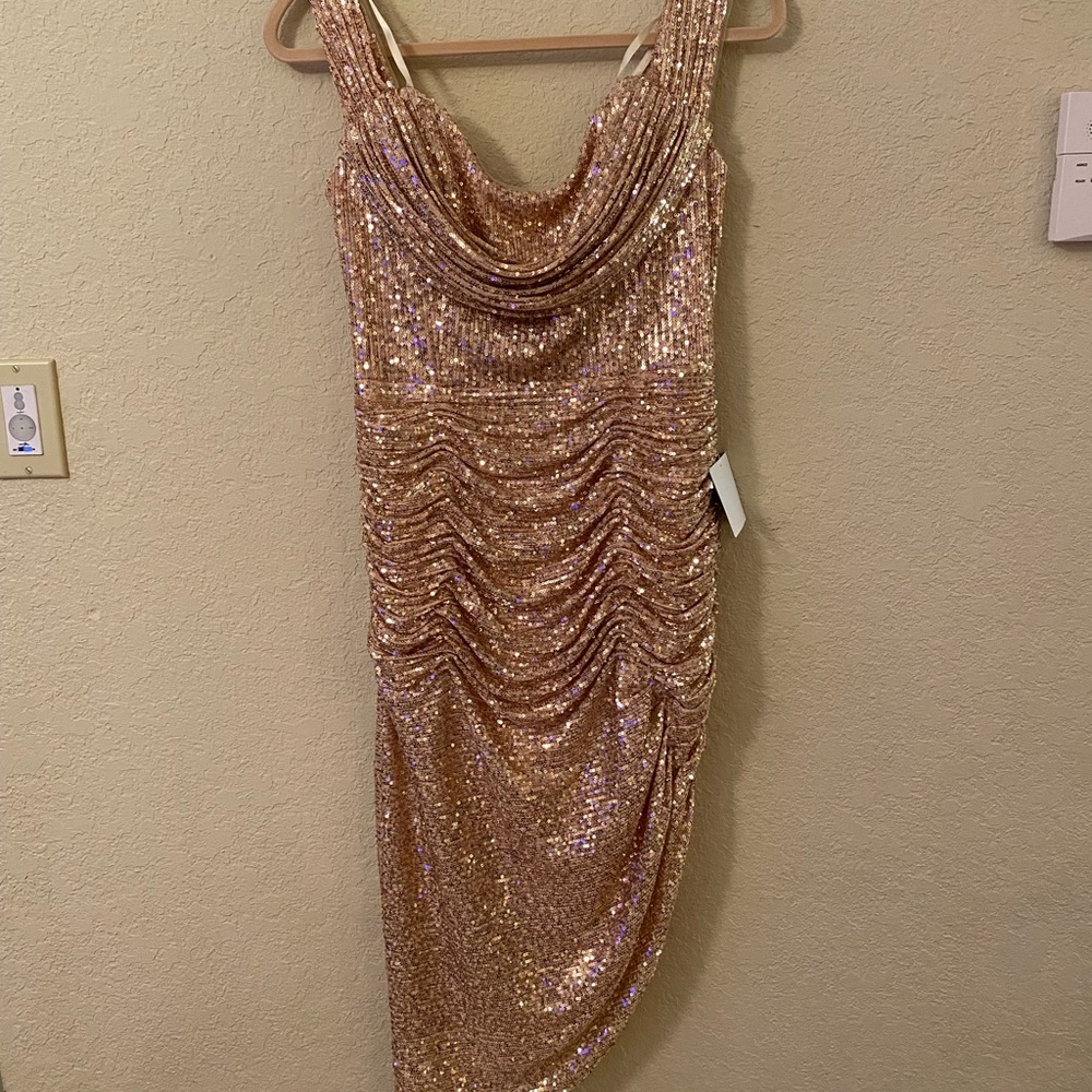 Sequin, midi, rose gold, off the shoulder dress